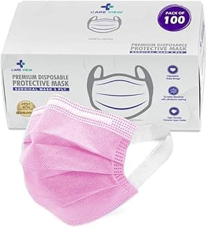 - Careview 3 Ply Disposable Surgical Face Mask Box with Fabric Earloop and Built in Nose Pin, Certified by BFE>99% and PFE > 95%, SITRA, DRDO, ISO and CE (Pack of 100, Pink, Without Valve)