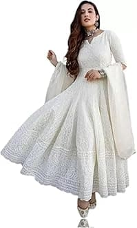 Women's Cotton Anarkali White Color chikankari suit with Duptta