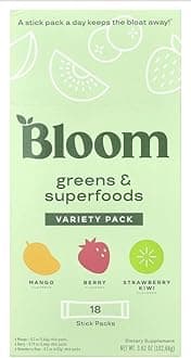 Bloom Greens and Superfoods Powder - Variety Pack (18 Packets) Probiotics for Digestive Health & Relief for Women, Enzymes Superfoods, Berry, Mango, Strawberry Kiwi and Pill Holder by GeoMetal