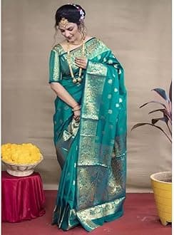 C J Enterprise Women’s Pure Silk Banarasi Kanjivaram Style Sari, Sari with Blouse, Wedding Piece, Vruksh