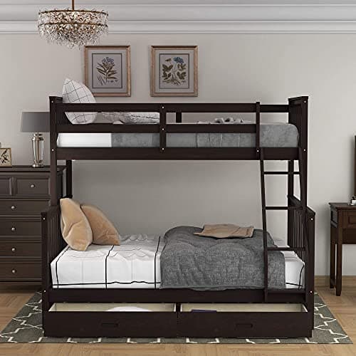 Bunk Bed Twin Over Full Wood Bunk Bed Frame with Storage Drawers, Espresso