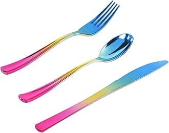 Supernal 120pcs Rainbow Plastic Silverware Set Colorful Party Utensils Blue Pink Gold Plastic Silverware Include 40 Rainbow Forks, 40 Gold Knives and 40 Blue Spoons for Trolls Party