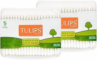 TULIPS Cotton Ear Buds/Swabs (Pack of 2) with white Paper Sticks 200/400 Tips in a Flat Box