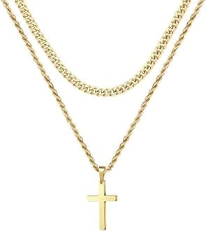 Ursteel Layered Cross Necklace for Men - Stocking Stuffers for Teen Boys, 18K Gold Plated Cross Necklaces Chain for Men Boys Christmas Gifts, Silver Rope Chain Necklace Jewelry 16 18 20 22 24 Inch