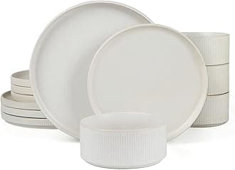 Famiware Plates and Bowls for 4, 12 Piece Dishes, Full Glaze Matte White