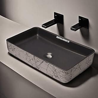 REMANENCE Designer Table Top Wash Basin For Bathroom | Ceramic Bathroom Sink | Wash Basin Over Counter Bathroom Basin (24 x 14 x 4 Inch) (Grey N White Black Stripe SL 54)