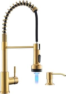 GIMILI Brushed Gold Kitchen Faucet with Pull Down Sprayer with Soap Dispenser Single Handle LED Kitchen Sink Faucet