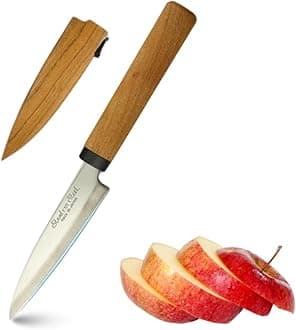 Japanese Paring Knife 4-Inch, High Carbon Stainless Steel Fruit Knife with Wooden Handle and Sheath, Small Utility Kitchen Knife for Peeling, Coring, Mincing, Made in Japan