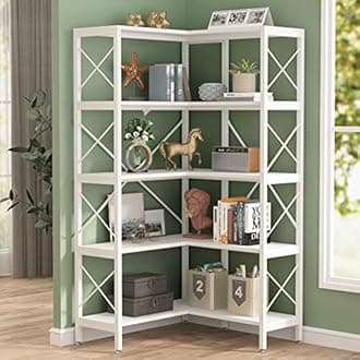 Tribesigns 5-Shelf Corner Bookshelf, Large Modern Corner Bookcase, 5-Tier Tall Corner Shelf Storage Display Rack with Metal Frame for Living Room Home Office (White)