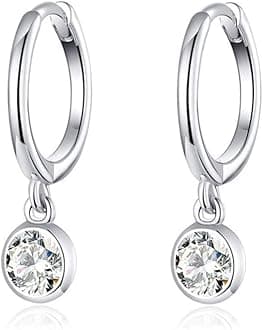 CZ Bezel Dangle Hoop Earrings for Women Girls 925 Sterling Silver Charms Minimalist Tiny Round Cubic Zirconia Drop Dangling Cartilage Helix Tragus Diamond Solicate Hypoallergenic Jewelry
