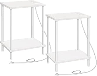 HOOBRO Side Table with Charging Station, Set of 2 End Tables with USB Port and Outlets, Nightstand with 2-Layer Storage Shelves for Small Spaces, Living Room, Bedroom, White WW09UBZP201