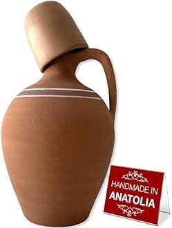 Handmade Clay Water Pitcher with 1 Clay Cup, Natural Unglazed Terracotta Water Carafe with 1 Earthen Mug, Traditional Mud Jug, Self-Cooler Pottery Jar, Large with 1 cup - 4.22 qts