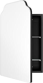 Victorian-Style Recessed Bathroom Medicine Cabinet, Wood Wall Cabinet with 16.5"x24" Curved Mirror, Bathroom Storage Cabinet, Black, Left-Swing Door