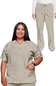 Cherokee Scrub set for women Traditional Fit Dolman Sleeve, V-neck Top 4700 Natural Rise Flare Leg Drawstring Pant 4101