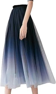 FolinWomen's Gradient Tulle Skirt Pleated Skirts Aline Swing High Waist Pleated Long Female Tutu Skirts Sets Midi Skirt