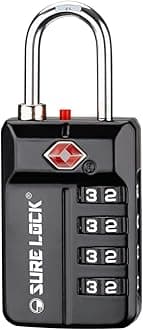 SURE LOCK TSA Approved 4-Digit Resettable Combination Luggage Lock with Open Alert, Easy-Read Dials - for Luggage, School Lockers, Gym, Office, Toolbox & Security Cases (Black 1 Pack)