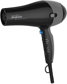 Sunbeam Powerful 1875 Watt Professional Versatile 2 Speed 3 Heat Setting Full Size Handheld Hair Blow Dryer with Convenient Hanging Storage Hook, Black