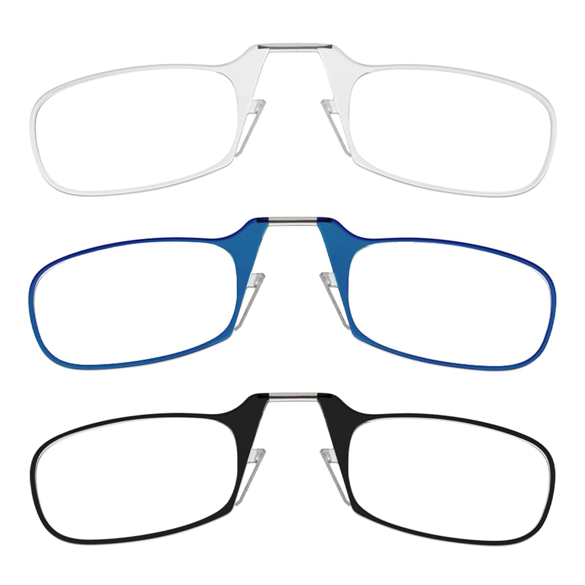 ThinOptics Readers Rectangular Reading Glasses, 3 Pack-Black, Clear, Blue, 44mm + 2