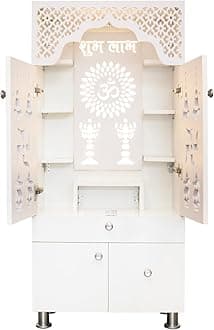 SHLOK White Home Temple with Doors and Inbuilt LED Light Engineered Wood (Height: 130, Pre-Assembled)