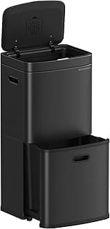 SONGMICS Kitchen Bin, 3-Compartment Rubbish Bin, 2 x 2.6 Gallons (10 L) and 7.9 Gallons (30 L), Steel, Space-Saving, Inner Buckets, Carbon Filter, 39.5 x 29.8 x 80.2 cm, Ink Black LTB551B02