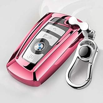 Tpu Silicone Full Protective Car Key Fob Cover for BMW，3 Buttons Remote Control Smart Key Case with Leather Keychain, Compatible with BMW 1/3/4/5/6/7 Series and X3/X4/M5/M6/GT3/GT5,etc.-Pink