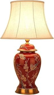 Floral Table Lamp Red Flowers and Birds Ceramic Table Lamp Vintage Asian Chinese Style Ginger Jar with White Drum Shade Decor Bedside Nightstand for Living Room Bedroom House Home Office