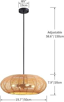 Saint Mossi 4 Light Boho Drum Chandeliers, Farmhouse Dining Room Light Fixture, E12 Sockets, D20'' x H8'', Adjustable Max Height 58", Rattan Lampshade & Black Finish Metal Frame