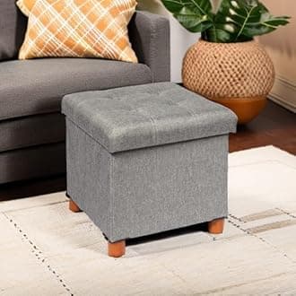 B FSOBEIIALEO Storage Ottoman with Tray, Foot Stools and Ottomans with Wooden Feet, Storage Cube Seat Linen Grey 15"
