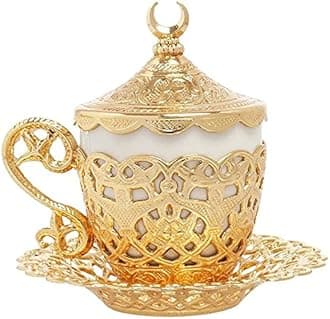 (1 Pc Turkish Coffee Cup - Traditional Design with Crescent Motif, Porcelain Cup and Saucer for Turkish, Greek, Arabic Coffee and Espresso (Gelincik) (Gold)