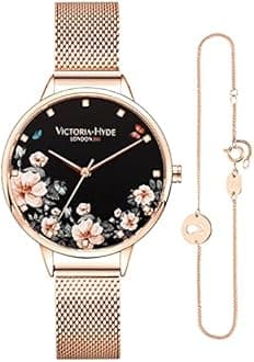 VICTORIA HYDE Fashion Elegant Floral Dial Watch for Women Quartz Genuine Leather Strap Wristwatch Mother's Day Gifts