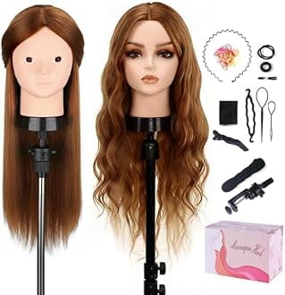 TopDirect Mannequin Head with 80% Human Hair, 23.5" Brown Real Hair Cosmetology Mannequin Head Hair Styling Hairdressing Practice Training Doll Heads with Clamp Holder and Tools