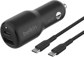 Belkin BoostCharge 42-Watt Dual Port Fast Car Charger w/30W USB-C & 12W USB-A Ports, USB-C to C Cable Included for iPhone 16, 16 Pro, Galaxy S25, S24, Pixel 9 & 8, Nintendo Switch 2 & More - Black