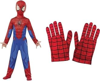 Rubie's 640840l Spiderman Marvel Spider-Man Classic Child Costume, Boys, L (7-8 Years/128 cms) & Official Kiid's Spiderman Gloves Costume - One Size, Red