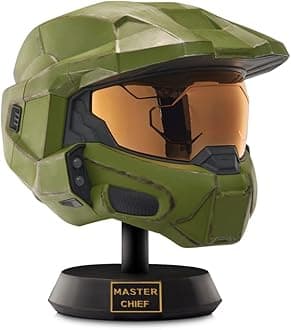 Master Chief Deluxe Helmet with Stand- Helmet with LED Lights on Each Side - Battle Damaged Paint - No SFX - One-Size-Fits-Most