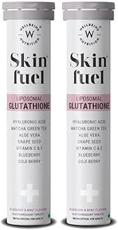 Wellbeing Nutrition Skin Fuel Liposomal Glutathione 90% (600mg)|Hyaluronic Acid, Vitamin C & E | 4X Absorption |Skin Radiance, Anti-Pigmentation & Hydration | Blueberry Mint Flavour | 15 Veg Tablets ( Pack of 2 )