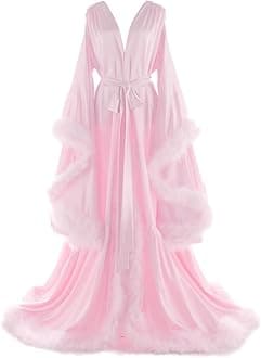 Women's Feather Bridal Robes Old Hollywood Maternity Photoshoot Nightgown Silk Bathrobe Long Lingerie
