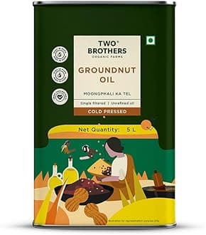 TWO BROTHERS ORGANIC FARMS India's Only Certified Glyphosate Free Groundnut Oil, Made Using Farm Grown Groundnuts|Cold-Pressed And Single-Filtered Oil For Healthier Cooking|Kacchi Ghani/Mara Chekku, Natural And Unrefined 5 Litres Tin Can