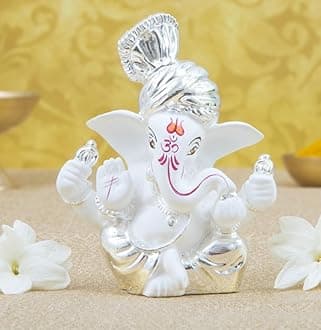 Gold Art India Silver Plated Pagdi Ganesh Idol for Car Dashboard Ganesha Murti Ganpati Idol for Home Decor Puja Lord Ganesh Statue Gift for Office Desk Ganpati Idol for Pooja Room White Figurine