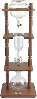 YAMA Glass Cold Brew Drip Tower Coffee Maker, 6–8 Cups (32oz), Hand-Blown Borosilicate Glass, Brown Wood Frame, Permanent Ceramic Filter, Smooth Acid-Free Iced Coffee Brewer for Café and Office