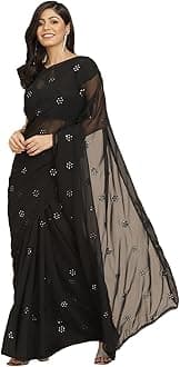 Women Women Georgette Saree ll Women Embellished Saree ll Women Black Saree ll Un-stitch Blouse Saree, Black, One Size, Black, One size