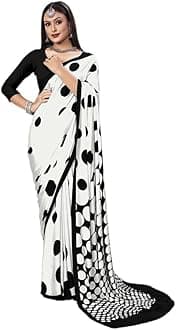 Women's Printed Silk Crepe Saree with Unstitched Blouse(3083S198_Black & White)