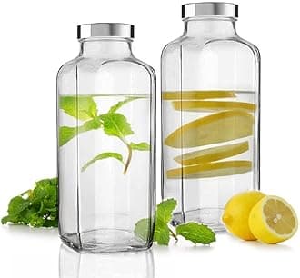 Piraml Glass Travel Glass Drinking Fridge Bottle with Stainless Steel Lid for Home, Travel, Juicing, Water, Smoothie 1liter (1000ml French Square Bottle, Set Of 2)