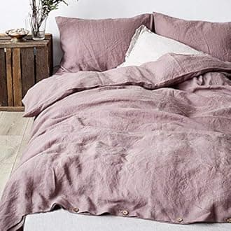 Simple&Opulence 100% Linen Duvet Cover Set Coconut Buttons Stone Washed 3pcs Bedding Set (King, Purple)