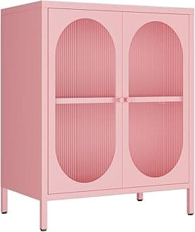 Small 2 Transparent Door Metal Storage Side Buffet Cabinet for Bed Room,Living Room,Entryway,Hallway,Home,Hotel,Office,Garage,Kitchen,1 Removable Shelf. (Transparent Door, Pink)
