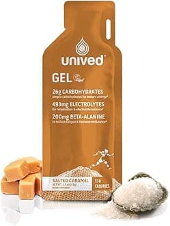 Unived Gel, 26g Carbohydrates, 493mg Electrolytes, 200mg Beta-Alanine, Sports Nutrition Energy Gel, Vegan & Gluten-Free, (Salted Caramel - 12 Gels)