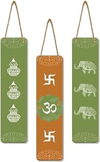 Artvibes Auspicious Symbols Wooden Wall Hanger for Good Luck | Prosperity Home | Office | Spiritual Decor Items | Wall Poster | Art Prints| Stylish Modern Decor Item | Gift Items (WH_8105N), Set of 3