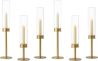 Hewory Gold Candle Holders - 6Pcs Brass Hurricane Candlestick Holders with Glass Candle Cover for Wedding Table Centerpiece Christmas Decor