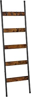 HOOBRO Blanket Ladder for Living Room, 5 Tier Wooden Towel Ladders with Removable Hooks, Industrial Wall Leaning Towels Ladder for Bathroom, Bedroom, Rustic Brown and Black EBF52CJ01