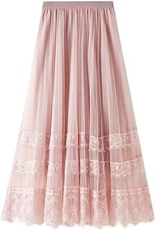 Women Midi Skirt Elastic High Waist Lace Tulle Skirt Pleated Skirt