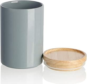 Kitchen Canisters Ceramic Food Storage Jar, Stackable Containers with Airtight Seal Wooden Lid for Serving Ground Coffee, Tea, Sugar, Salt and More - 28 Fl Oz (Gray)